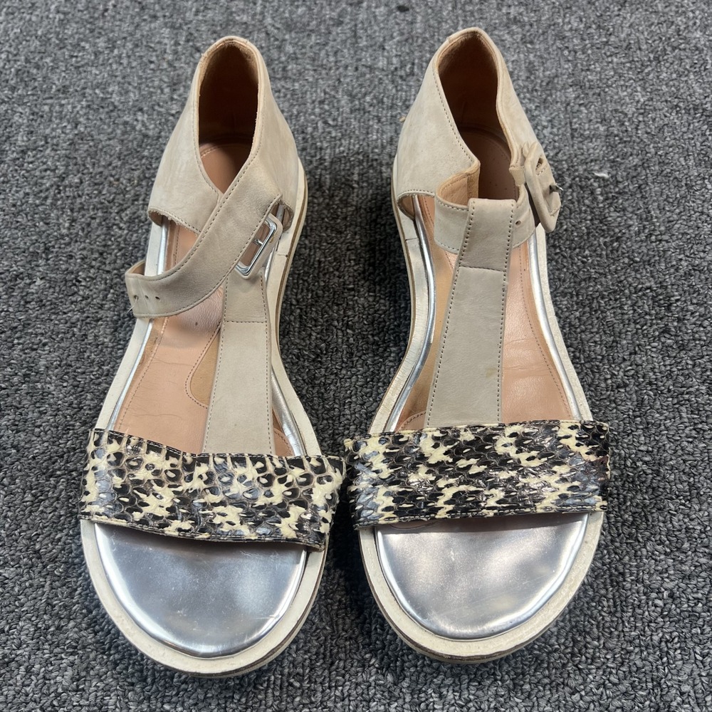 Robert Clergerie Paris 37.5 Snakeskin Leather Platform T-Strap Sandals Beige Lug